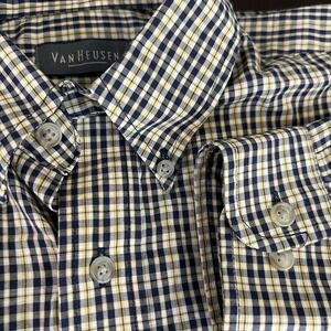 Van Heusen Wrinkle Free Shirt Mens Medium 15-15.5 Yellow Blue Plaid Button Up‎